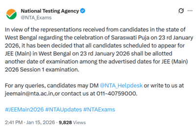 Jee main 2026 session 1 nta reschedules january 23 exam for west bengal candidates due to saraswati.png
